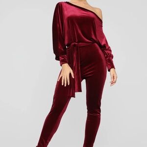 Off Shoulder Burgundy Velvet Velour Stretchy Jumpsuit